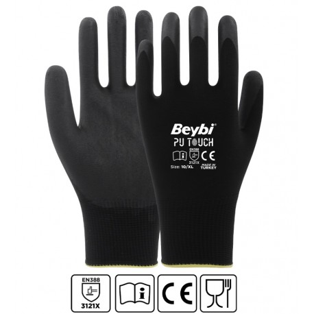 Kesztyű Nylon PU tenyérmártott fekete Beybi